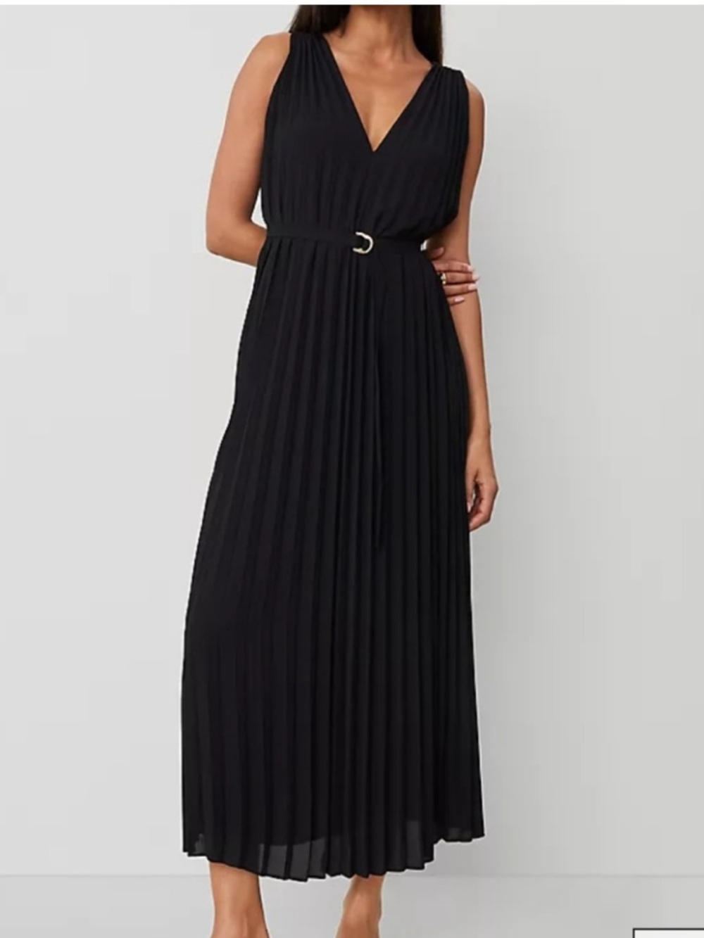 Ann Taylor Black Pleated Maxi Swing Dress Belted Black Large